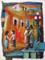 Quadro di
  Linor (Lino Russo) - Paesaggio con figure mlange toile