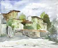 Quadro di
 E. Prestopino - Borgo antico aquarelle papier