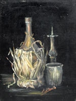 Quadro di
 A. Basile - Natura morta con fiasco di vino huile carton toil
