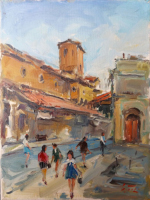 Quadro di Gino Tili A passeggio sul Ponte Vecchio - Pittori contemporanei galleria Firenze Art
