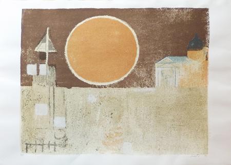 Quadro di Bruno Saetti Paesaggio e Sole - litografia carta 