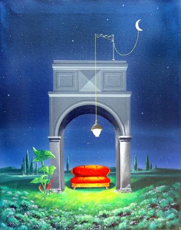 Quadro di Franco Lastraioli Notturno con divano rosso - olio tela 