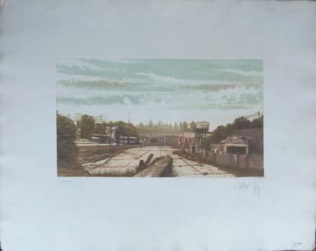 Quadro di Pablo Rojas Panorama industriale - litografia carta 