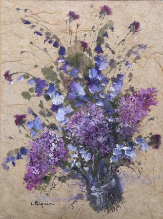 Quadro di Luciano Pasquini Composizione di fiori viola - olio carta di riso 