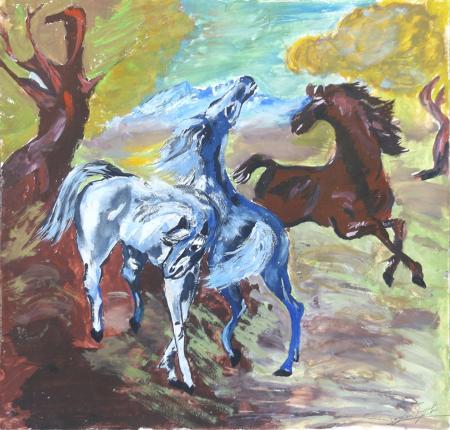 Quadro di firma Illeggibile Tre cavalli  - Pittori contemporanei galleria Firenze Art