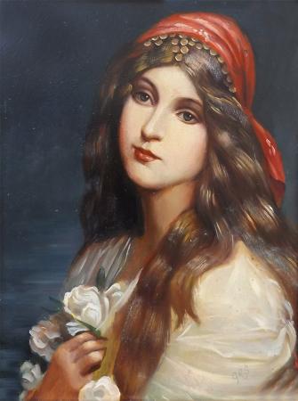 Art work by  G.R.S. Donna con fiori bianchi - oil table 