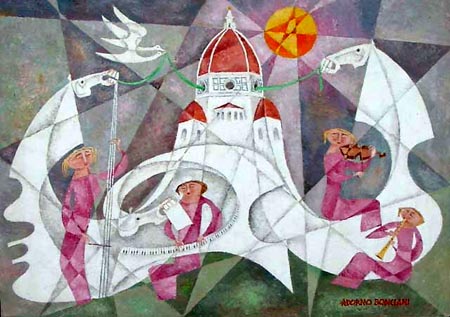 Art work by Adorno Bonciani Concerto di amazzoni  al Duomo - oil cardboard 