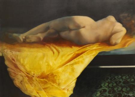 Quadro di Antonio Biancalani Nudo con velo giallo - Pittori contemporanei galleria Firenze Art