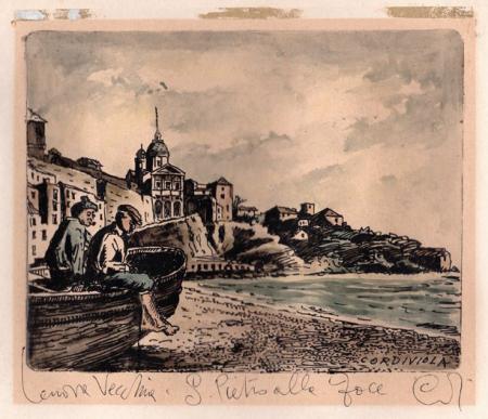 Quadro di Renzo  Cordiviola Genova Vecchia - San Pietro alla foce - acquerello carta gialla 