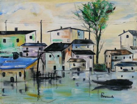Art work by Pietro Broccoli Case sul lago - oil canvas cardboard  