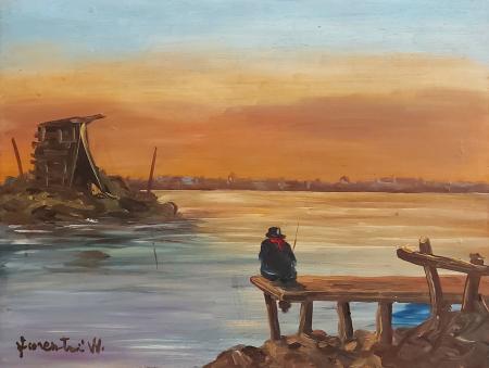 Quadro di W.  Fiorentini Marina con figura - olio faesite 