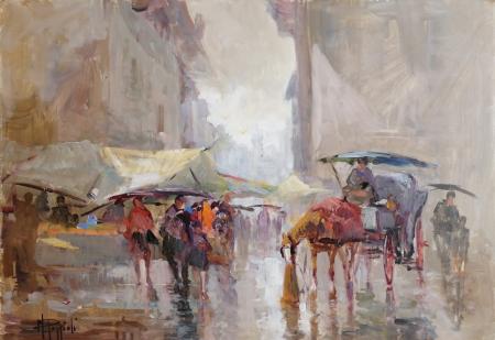 Quadro di Mario Poggiali Mercato sotto la pioggia  - Pittori contemporanei galleria Firenze Art