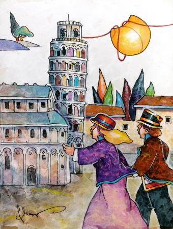 Quadro di Francesco Nesi Saliamo sulla torre di Pisa insieme - mista cartone 