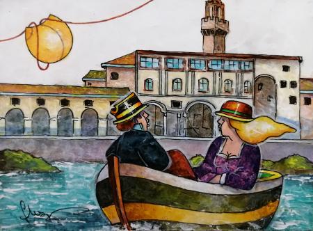 Quadro di Francesco Nesi In barca sull'Arno - mista cartone 