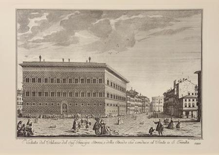 Quadro di Edizioni Zocchi Veduta del Palazzo del Sig Principe Strozzi e della strada che conduce al Ponte S. Trinità - incisione carta 