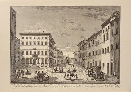 Quadro di Edizioni Zocchi Veduta del Palazzo del Sig March Strozzi, del Centauro e della strada che conduce a S. M. Novella  - incisione carta 