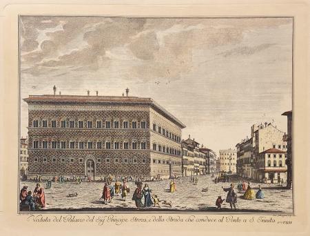Quadro di Edizioni Zocchi Veduta di Palazzo del sig. Principe Strozzi e della strada che conduce al ponte S. Trinità  - incisione acquarellata carta 