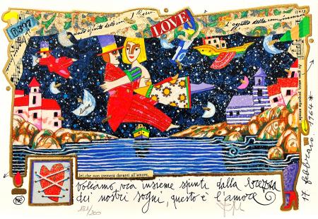 Quadro di Francesco Musante Voliamo insieme spinti dalla brezza dei nostri sogni - serigrafia polimaterica carta 