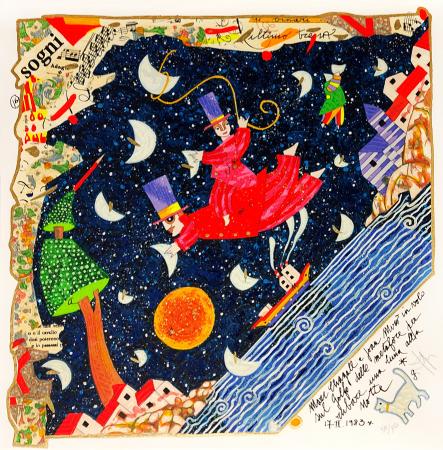 Art work by Francesco Musante Mare Chagall e Joan Mirò in volo sul Golfo delle metafore - polymaterial screen printing paper 