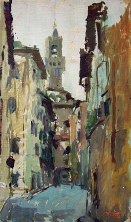 Quadro di Gino Tili Via Vinegia con veduta di Palazzo Vecchio - Pittori contemporanei galleria Firenze Art