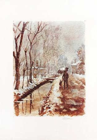 Quadro di firma Illeggibile Lungo il fiume sotto la neve - Pittori contemporanei galleria Firenze Art