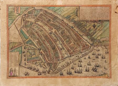 Quadro di  Anonimo Cartina antica di Amsterdam - incisione acquarellata carta gialla 