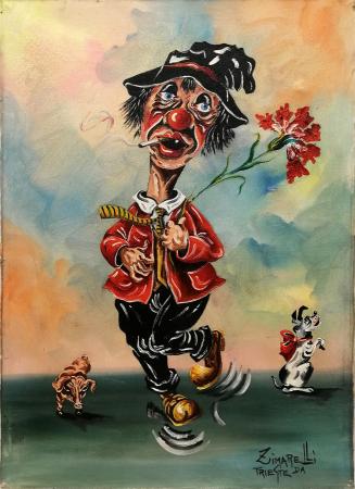 Quadro di  Zimarelli (da Trieste) Clown danzante con fiore - olio tela 