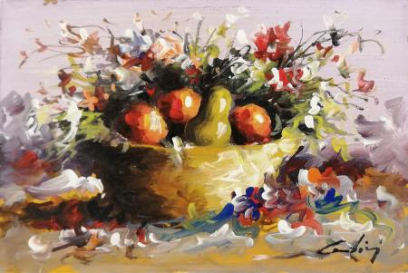 Quadro di firma Illeggibile Frutta e fiori in vaso - Pittori contemporanei galleria Firenze Art