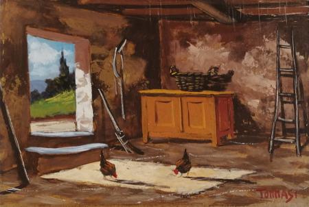 Quadro di  Tommasi Le galline nella stalla - Pittori contemporanei galleria Firenze Art