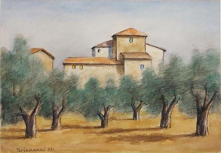 Quadro di Nino Tirinnanzi Paesaggio con olivi - olio tavola 