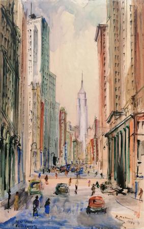 Quadro di Rodolfo Marma New York Brodway - acquerello cartone 