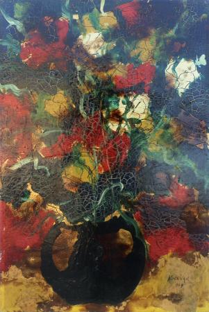 Art work by Enzo Kocevar Fiori rossi e bianchi in vaso - oil table 