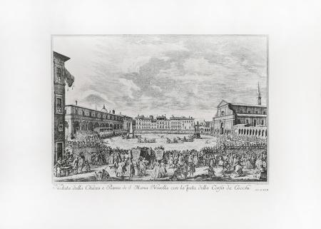 Quadro di Edizioni Zocchi Veduta della chiesa e Piazza di S Maria Novella con la Festa della Corsa de Cocchi  - stampa carta 