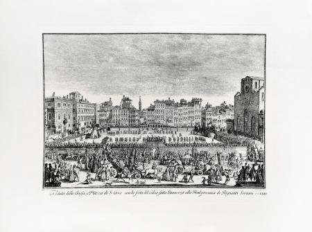 Quadro di Edizioni Zocchi veduta della Chiesa e Piazza Santa Croce con festa del calcio fatta l'anno 1738 - stampa carta 