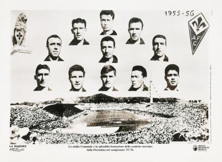 Quadro di Foto  Locchi Lo stadio Comunale e la formazione dello scudetto stravinto dalla Fiorentina nel campionato '55 - '56 - stampa carta 