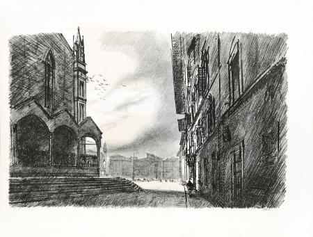 Art work by Luciano Guarnieri VI. Fiancata della basilica di S. Croce e sfondo della Piazza - lithography paper 