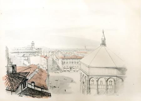 Art work by Luciano Guarnieri X. Battistero e visione di Firenze dal campanile di Giotto  - lithography paper 