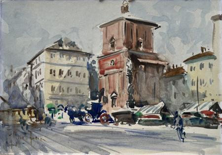 Quadro di Alfredo Zecca  Vecchia Milano - La cappella Trivulzio - acquerello cartone 