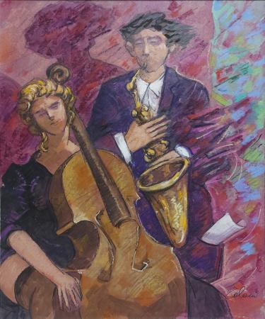 Quadro di Giampaolo Talani Due musicisti - mista cartone 