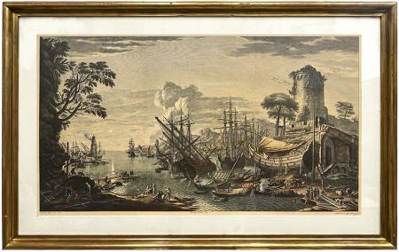Quadro di  Antiquariato Marina del Porto con navi del real Palazzo - incisione acquarellata carta 