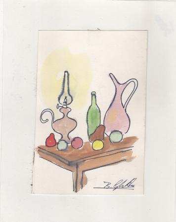 Quadro di Raffaele Ghetta Composizione di bottiglie e caraffe - acquerello carta 