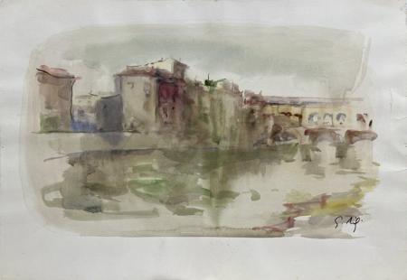 Quadro di Gino Tili Ponte Vecchio, Firenze - acquerello carta 