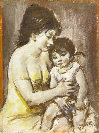 Quadro di Ermanno Toschi  Mamma e bambina  - olio tavola 