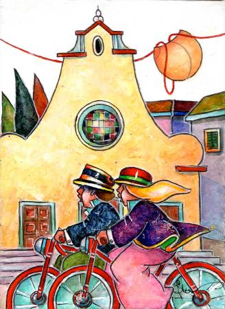 Quadro di Francesco Nesi In bici a Santo Spirito - olio tavola 