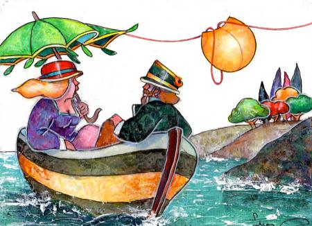Art work by Francesco Nesi In barca con l'ombrello - oil table 