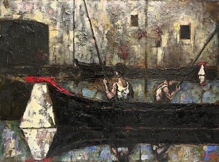 Quadro di Leonardo Papasogli Uomini in barca - olio tavola 
