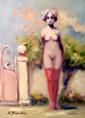Quadro di Umberto Bianchini Nudo con autoreggenti rosse - olio tela 