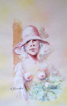 Quadro di Umberto Bianchini Nudo con cappello - Pittori contemporanei galleria Firenze Art