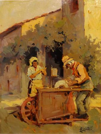 Quadro di Loris Centelli Il vecchio arrotino  - olio tavola 