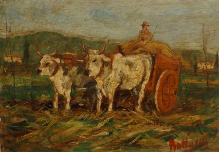 Art work by  Raffaelli Carro con buoi - oil table 
